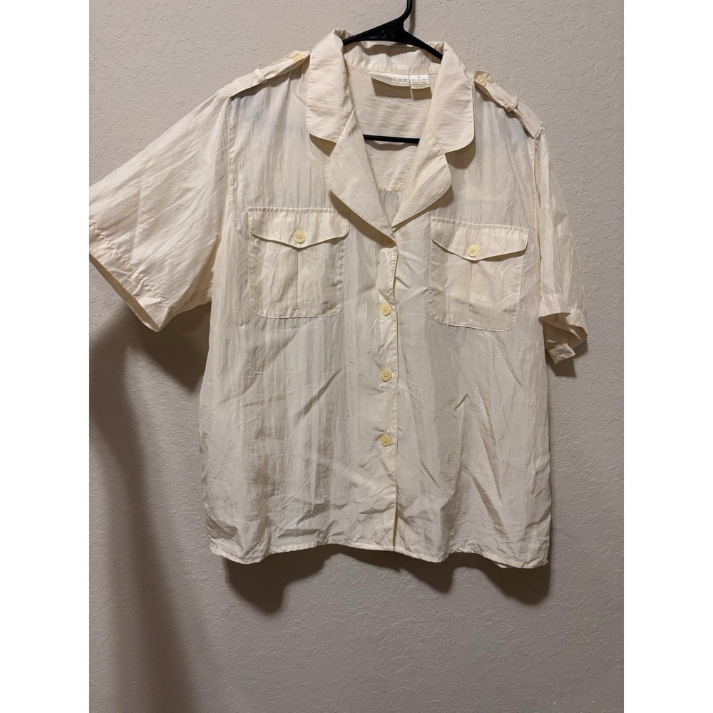 VTG 100% Silk Safari Shirt Sz 12 Cream Short Sleeve Gorpcore Utilitarian Blouse - Picture 3 of 14